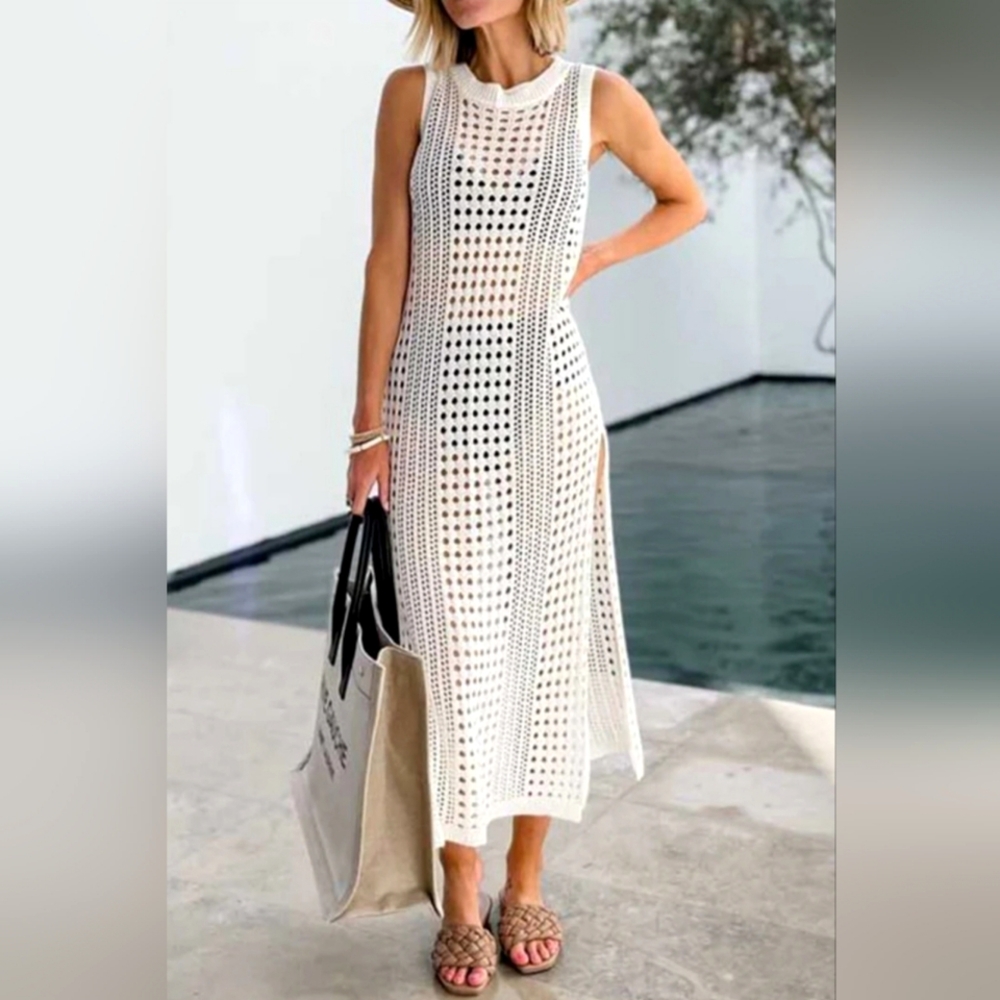 Like New Beige Creme White Cut Out Crochet Dress Coverup Maxi Dress Small-Large
